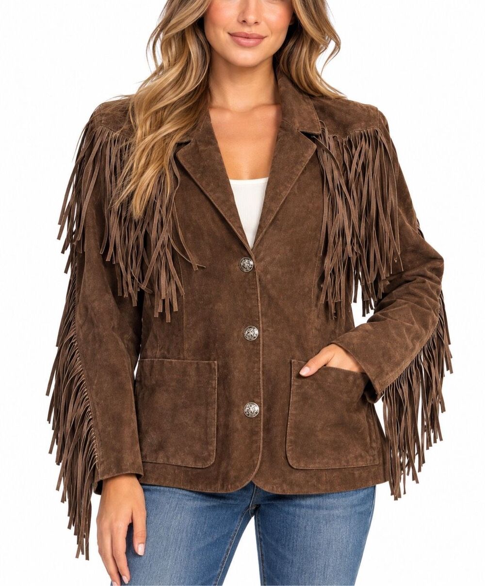 Melanzona Vintage Brown Suede Leather Fringe Western Cowgirl Jacket Women’s 10